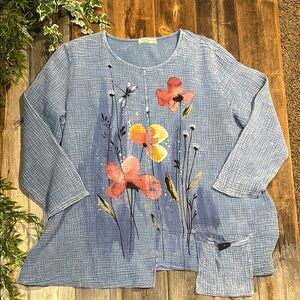 Jess & Jane Floral Blue Gauze Women's Top XL